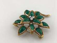 Vintage Tiffany & Co. 18K Yellow Gold & Green Enamel Diamond Flower Brooch, this is Pre-Owned Item #341912C